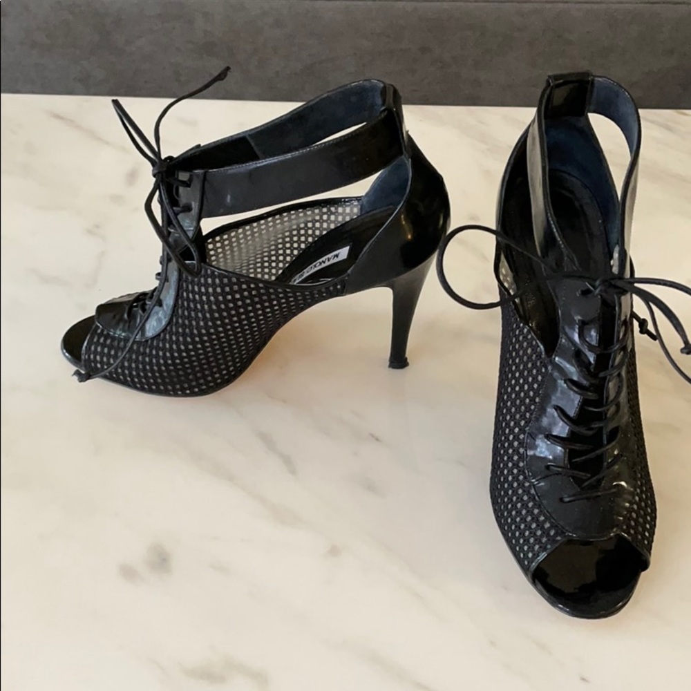 Manolo Blahnik black lace up heels
